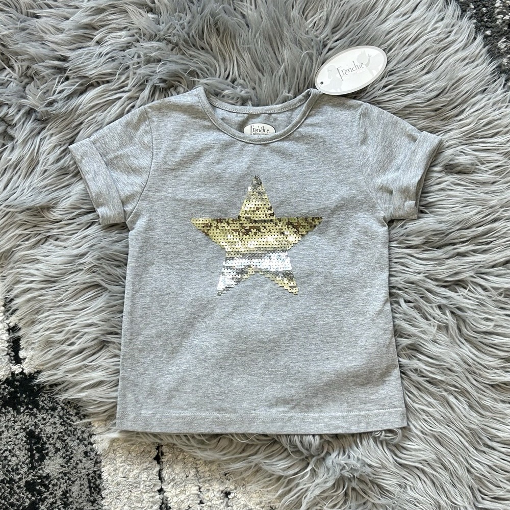 Frenchie Mini Couture Girls Bedazzled Sequin Star Heather Grey Tee Shirt 3T NWT